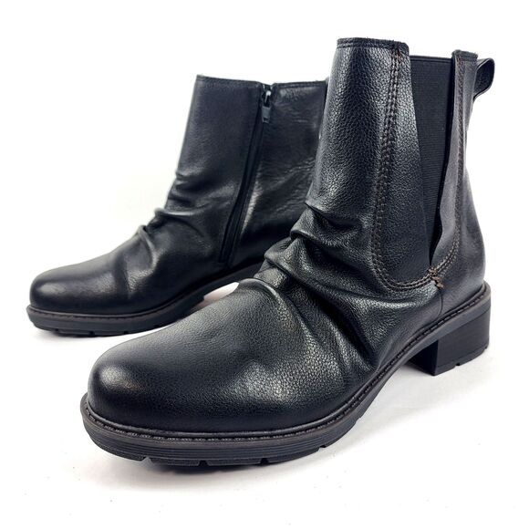 Clarks Hearth Rose Black Leather Ankle Boot Comfort Slouchy Chelsea 9.5M - Picture 1 of 11